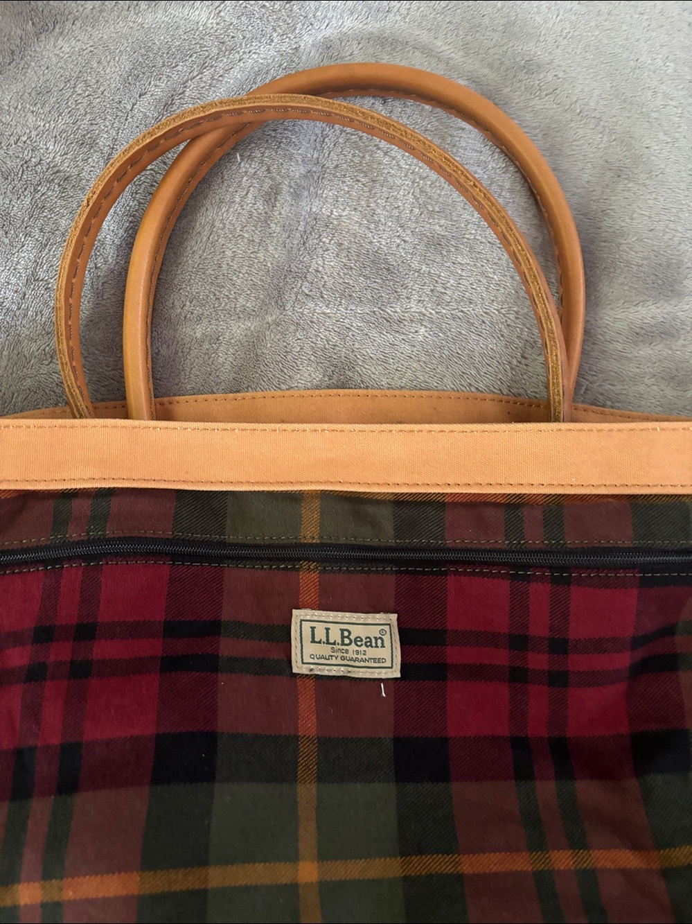 LL BEAN Boat & Tote Bag Full Grain Leather Handles vintage Khaki/Green - Picture 10 of 15